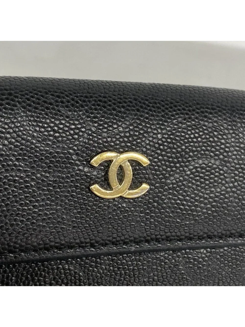 Chanel Trifold Wallet Camellia Caviar Leather Black Champagne Gold